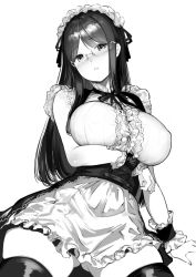 Rule 34 | 1girl, apron, breasts, glasses, gluteal fold, greyscale, highres, koruse, large breasts, long hair, looking at viewer, maid, maid headdress, monochrome, original, ribbon, simple background, solo, thighhighs, thighs, white background, wrist cuffs