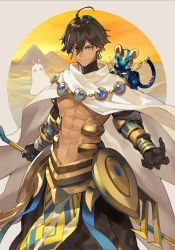 Rule 34 | ahoge, bare pectorals, black gloves, brown hair, cape, creature, creature on shoulder, dark-skinned male, dark skin, earrings, fate/grand order, fate (series), gloves, gold trim, jewelry, male focus, nitocris (fate), nitocris (fate/grand order), nitocris (swimsuit assassin) (fate), on shoulder, orange sky, outdoors, ozymandias (fate), pectorals, pyramid (structure), reaching, reaching towards viewer, shirabi, sky, smile, solo, sphinx awlad, staff, sunset, topless male, yellow eyes