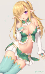 Rule 34 | 1girl, bare shoulders, blonde hair, blue thighhighs, breasts, cleavage, crop top, detached collar, detached sleeves, elf, eyes visible through hair, gold trim, green shirt, green skirt, hair over one eye, hand on own chest, highres, large breasts, long hair, long sleeves, looking at viewer, midriff, miniskirt, navel, one side up, open mouth, original, pleated skirt, pointy ears, purple eyes, revealing clothes, sasaame, shirt, skirt, solo, stomach, thighhighs, thighs, white skirt, zettai ryouiki