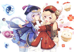 Rule 34 | 2girls, :d, absurdres, ahoge, backpack, bag, bag charm, bandaged leg, bandages, bead necklace, beads, bent over, braid, brown gloves, brown scarf, cabbie hat, cape, charm (object), clover print, coat, coin hair ornament, commentary request, dodoco (genshin impact), from side, genshin impact, gloves, hair between eyes, hair ornament, hands on another&#039;s cheeks, hands on another&#039;s face, hat, hat feather, hat ornament, highres, hood, hooded coat, jewelry, jiangshi, jumpy dumpty, klee (genshin impact), light brown hair, long hair, long sleeves, looking at viewer, looking to the side, low ponytail, low twintails, multiple girls, necklace, ofuda, open mouth, orange eyes, orb, parted lips, pocket, pointing, purple eyes, purple hair, qingdai guanmao, qiqi (genshin impact), randoseru, red coat, red headwear, scarf, sidelocks, simple background, single braid, smile, thighhighs, twintails, white background, white legwear, wide sleeves, yin yang, yin yang orb, yu e baba, zettai ryouiki