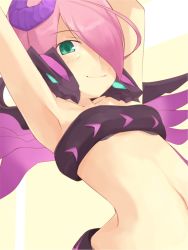 Rule 34 | 1girl, ahoge, ar ru (ar tonelico), ar tonelico, ar tonelico iii, armpits, arms up, dragon, flat chest, green eyes, gust, hair over one eye, horns, kuro (be ok), midriff, navel, open mouth, pink hair, short hair, smile, solo, wings