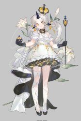Rule 34 | 1girl, bare shoulders, black gloves, black horns, closed mouth, crown, dress, flower, gloves, grey background, hair ornament, hair ribbon, happybiirthd, highres, holding, holding staff, horns, light smile, long hair, looking at viewer, original, ribbon, sample watermark, simple background, single horn, sleeveless, smile, solo, staff, standing, twintails, watermark, white dress, white flower, white hair, yellow eyes, yellow ribbon