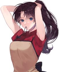 Rule 34 | 1girl, adjusting hair, apron, armpit peek, armpits, black hair, blue eyes, breasts, collared shirt, commentary, fate/stay night, fate (series), hair tie, hair tie in mouth, hand in own hair, highres, long hair, looking at viewer, mouth hold, official alternate costume, partially unbuttoned, ponytail, red shirt, ribbon, shimatori (sanyyyy), shirt, short sleeves, simple background, solo, sweatdrop, tohsaka rin, tying hair, up sleeve, white background