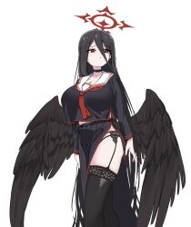 Rule 34 | 1girl, black choker, black hair, black skirt, black wings, blue archive, blush, breasts, choker, closed mouth, feathered wings, fried bocky, garter straps, hair between eyes, halo, hasumi (blue archive), highres, large breasts, long hair, long sleeves, looking at viewer, low wings, mole, mole under eye, neckerchief, pleated skirt, red eyes, red neckerchief, sailor collar, school uniform, shirt, simple background, skirt, solo, standing, thighhighs, white background, wings