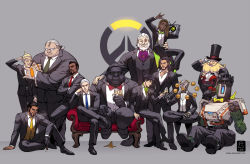 Rule 34 | 6+boys, :t, adjusting clothes, adjusting necktie, aged down, alcohol, alternate hairstyle, animal, animal on shoulder, ascot, banana, bastion (overwatch), beard, bespectacled, bird, bird on shoulder, black-framed eyewear, boombox, bow, bowtie, braid, braided beard, cassidy (overwatch), champagne, champagne flute, cigar, clothed robot, couch, crossed legs, cup, cyborg, dark-skinned male, dark skin, dress shirt, drinking glass, eating, ein lee, eyebrows, facial hair, floating, food, formal, fruit, ganymede (overwatch), genji (overwatch), glasses, gorilla, grey background, hair slicked back, hanzo (overwatch), hat, junkrat (overwatch), lotus position, lucio (overwatch), m/, male focus, mechanical arms, monocle, multiple boys, necktie, no mask, omnic, opaque glasses, overwatch, overwatch 1, reaper (overwatch), reinhardt (overwatch), roadhog (overwatch), robot, round eyewear, scar, scar across eye, scar on face, shirt, single mechanical arm, sitting, sitting on shoulder, smoking, soldier: 76 (overwatch), suit, tattoo, thick eyebrows, top hat, torbjorn (overwatch), traditional bowtie, very dark skin, waistcoat, white hair, winston (overwatch), zenyatta (overwatch)