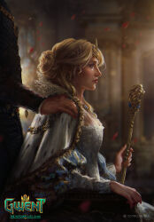 Rule 34 | 1girl, blonde hair, ciri, denikina, european clothes, from side, gwent (game), highres, holding, holding scepter, looking ahead, royal robe, scepter, sitting, the witcher (series), watermark