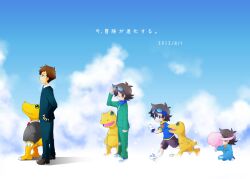 Rule 34 | 1boy, age progression, agumon, bow, brown hair, cloud, digimon, digimon (creature), formal, goggles, goggles on head, highres, koromon, looking at another, short hair, sky, suit