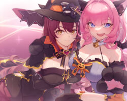Rule 34 | 2girls, animal ears, animal hands, bell, black dress, blue eyes, breasts, cleavage, dress, eden (honkai impact), elf, elysia (honkai impact), elysia (miss pink elf) (honkai impact), fake animal ears, fang, hair between eyes, halloween costume, hat, highres, honkai (series), honkai impact 3rd, large breasts, ling huanxiang, long hair, looking at viewer, multiple girls, neck bell, on ground, open mouth, pink pupils, pointy ears, red hair, thighs, witch hat, yellow eyes
