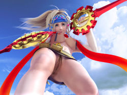 Rule 34 | 00s, 1girl, 3d, anus, bikini, bikini top only, blonde hair, blue eyes, braid, breasts, cloud, day, detached sleeves, female pubic hair, final fantasy, final fantasy x, final fantasy x-2, from below, green eyes, incise soul, long hair, m-rs, medium breasts, nipples, no panties, nude filter, outdoors, pubic hair, pussy, ribbon, rikku (ff10), scarf, skirt, sky, smile, solo, swimsuit, third-party edit, topless, uncensored, underboob, upskirt, weapon