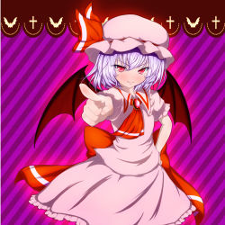 Rule 34 | 1girl, ascot, aura, bat (animal), bat wings, brooch, cross, fang, hand on own hip, hat, hat ribbon, highres, jewelry, light purple hair, light smile, looking at viewer, misumo, mob cap, pointing, pointing at viewer, purple background, red eyes, remilia scarlet, ribbon, short hair, skirt, skirt set, slit pupils, striped, striped background, touhou, wings
