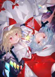 Rule 34 | 2girls, absurdres, ascot, bat wings, blonde hair, blouse, blue hair, bow, brooch, capelet, constellation, crystal, dress, fangs, flandre scarlet, hair between eyes, hand up, hat, hat ribbon, highres, jewelry, long sleeves, looking at another, looking at object, mob cap, multiple girls, omodaka romu, open mouth, pink ascot, rainbow, red bow, red dress, red eyes, red ribbon, red vest, remilia scarlet, ribbon, rotational symmetry, shirt, short hair, siblings, sisters, smile, star (symbol), symbol-only commentary, teeth, touhou, upper teeth only, vest, white capelet, white dress, white headwear, white shirt, window, wings