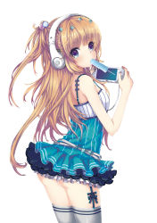 Rule 34 | 1girl, ass, bare shoulders, blue eyes, braid, brown hair, dress, fingernails, food, garter straps, grey thighhighs, hair ornament, handheld game console, headphones, highres, juke, long hair, looking back, mouth hold, nail polish, original, playstation portable, popsicle, short dress, simple background, solo, star (symbol), thighhighs, white background, white thighhighs