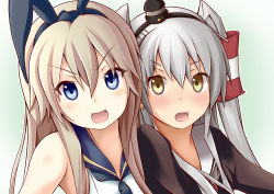 Rule 34 | 10s, 2girls, amatsukaze (kancolle), blonde hair, bloodhound, blue eyes, blush, brown eyes, close-up, fang, hair ribbon, headband, highres, kantai collection, long hair, looking at viewer, multiple girls, open mouth, personification, ribbon, school uniform, serafuku, shimakaze (kancolle), silver hair, simple background, twintails, two side up