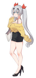 Rule 34 | 1girl, absurdres, aningay, bag, bare shoulders, black footwear, black skirt, blue eyes, blush, breasts, cleavage, closed mouth, colored eyelashes, copyright request, full body, grey hair, hair ribbon, high heels, highres, jacket, large breasts, long hair, long sleeves, off-shoulder jacket, off shoulder, paper bag, pinching sleeves, puffy long sleeves, puffy sleeves, red ribbon, ribbon, shoes, shopping bag, short eyebrows, simple background, skirt, sleeves past fingers, sleeves past wrists, smile, solo, thick eyebrows, twintails, very long hair, white background, wing hair ornament, yellow jacket