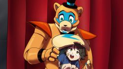 Rule 34 | 2boys, bandaid, bandaid on face, bow, bowtie, brown hair, child, collared shirt, commentary request, curtains, ear piercing, earrings, five nights at freddy&#039;s, five nights at freddy&#039;s: security breach, freddy fazbear, fullbban g, furry, furry male, glamrock freddy, gregory (fnaf), hat, highres, jewelry, korean commentary, looking at another, male focus, messy hair, multiple boys, non-humanoid robot, open mouth, piercing, robot, robot animal, shirt, shorts, shoulder pads, smile, teeth, yellow eyes