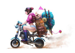 Rule 34 | 1girl, animal, backpack, bag, blue socks, brown hair, closed eyes, commentary, cropped jacket, dog, facepaint, fangs, food, from side, full body, hair bun, hair ornament, helmet, highres, hood, hood down, hooded jacket, jacket, katana, kneehighs, motor vehicle, motorcycle, mouth hold, original, panties, panty warriors, pink jacket, pocky, pouch, randoseru, riding, riding motorcycle, saddle, sandals, scabbard, sheath, sheathed, shiba inu, short hair, short sleeves, signature, simple background, single hair bun, socks, solo, striped clothes, striped panties, sword, tongue, tongue out, underwear, vehicle, watermark, weapon, weapon on back, web address, wen juinn, white background
