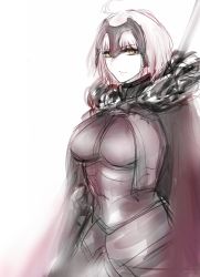 Rule 34 | 1girl, ahoge, armor, bad id, bad tumblr id, breasts, cape, closed mouth, fate/grand order, fate (series), fur trim, highres, hometa, jeanne d&#039;arc (fate), jeanne d&#039;arc alter (avenger) (fate), jeanne d&#039;arc alter (fate), large breasts, looking at viewer, pale skin, short hair, simple background, sketch, smile, solo, standing, white background, yellow eyes