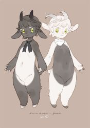 Rule 34 | 2others, :3, androgynous, animal ears, artist name, bebebe, black hair, black ribbon, blush, braid, brown background, closed mouth, colored skin, english text, eye contact, full body, furry, goat ears, goat tail, green eyes, happy, holding hands, horns, light blush, looking at another, looking to the side, multicolored skin, multiple others, navel, neck ribbon, nude, original, ribbon, short hair, signature, simple background, smile, standing, tail, two-tone skin, white hair, white neckwear
