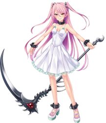 Rule 34 | 1girl, artist request, bare legs, breasts, collaboration, demon girl, dress, felicia (taimanin kurenai), female focus, full body, grin, highres, holding, holding scythe, holding weapon, lilith-soft, long hair, looking at viewer, official art, pink hair, pointy ears, red eyes, scythe, small breasts, smile, solo, taimanin (series), taimanin kurenai, taimanin rpgx, transparent background, twintails, very long hair, weapon, white dress