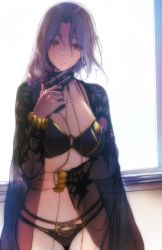 Rule 34 | 1girl, backlighting, bikini, black bikini, bracelet, breasts, carmilla (fate), carmilla (swimsuit rider) (fate), cleavage, collarbone, curly hair, fate/grand order, fate (series), gun, handgun, hews, highres, jewelry, large breasts, long hair, looking at viewer, multi-strapped bikini, navel, parted bangs, parted lips, pistol, silver hair, solo, swimsuit, weapon, yellow eyes