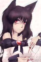Rule 34 | 1girl, animal ears, bare shoulders, black hair, breasts, collarbone, covered erect nipples, eyelashes, fingernails, imaizumi kagerou, large breasts, lenk64, long fingernails, long hair, looking at viewer, nipples, non-web source, parted lips, red eyes, self-upload, solo, touhou, werewolf