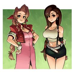 Rule 34 | 2girls, absurdres, aerith gainsborough, arms behind back, bare shoulders, belt, black skirt, blue eyes, bow, braid, breasts, brown eyes, brown hair, cleavage, closed mouth, collarbone, commentary, cropped jacket, dress, earrings, elbow gloves, elbow pads, final fantasy, final fantasy vii, fingerless gloves, gloves, hair ribbon, hands on own hips, highres, jewelry, large breasts, long dress, long hair, looking at viewer, low-tied long hair, medium breasts, midriff, miniskirt, multiple girls, navel, pencil skirt, pink dress, ponytail, ravenousruss, red bow, ribbon, shirt, simple background, single braid, skirt, smile, standing, suspender skirt, suspenders, tank top, taut clothes, taut shirt, tifa lockhart, very long hair