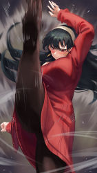 Rule 34 | 1girl, absurdres, arm up, axe kick, black hair, blush, breasts, brown pantyhose, dress, earrings, floating hair, gold earrings, hairband, highres, incoming attack, jewelry, kicking, large breasts, leg up, long hair, motion lines, pantyhose, parted lips, red eyes, red sweater, sakazuki sudama, solo, speed lines, spy x family, standing, standing on one leg, sweater, sweater dress, v-shaped eyebrows, white hairband, yor briar