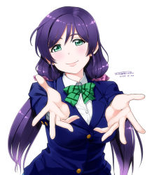 Rule 34 | 10s, 1girl, blazer, blush, breasts, green eyes, jacket, large breasts, long hair, looking at viewer, love live!, love live! school idol project, outstretched arms, purple hair, school uniform, smile, solo, tachibana midori, tachibana roku, tojo nozomi, twintails