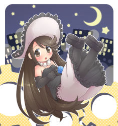 Rule 34 | 1girl, 5pb., agnes oblige, bad id, bad pixiv id, bare shoulders, black gloves, black pantyhose, blush, bravely default: flying fairy, bravely default (series), brown eyes, brown hair, building, crescent moon, elbow gloves, gears, gem, gloves, hand on own stomach, hat, jewelry, long hair, looking at viewer, mizuno mumomo, moon, necklace, night, night sky, oversized object, pantyhose, pearl necklace, ring, shoes, skirt, sky, solo, star (symbol), strapless, sun hat