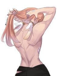 Rule 34 | 1girl, arms up, bite mark, cesar zebrah, commentary, from behind, genshin impact, highres, long hair, no headwear, pink hair, simple background, solo, topless, upper body, white background, yanfei (genshin impact)