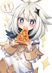 Rule 34 | !, !!, + +, 1girl, black cape, blush, cape, closed mouth, commentary request, dress, dutch angle, eating, food, genshin impact, hair between eyes, halo, highres, holding, holding food, long hair, long sleeves, paimon (genshin impact), pizza, pizza slice, purple eyes, shichi (tarakochan-medo), silver hair, simple background, solo, sparkle, white background, white dress