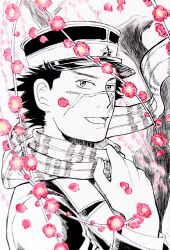Rule 34 | 1boy, birthday, facial scar, floating clothes, flower, golden kamuy, greyscale, happy, hat, highres, kepi, male focus, military hat, monochrome, nekozane n, pink flower, scar, scar on cheek, scar on face, scar on nose, short hair, smile, solo, spot color, sugimoto saichi, upper body