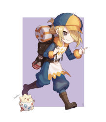 Rule 34 | 1boy, backpack, bag, belt, blonde hair, blue jumpsuit, boots, border, brown bag, brown belt, brown footwear, chibi, closed mouth, commentary request, creatures (company), game freak, gen 2 pokemon, grey eyes, hair over one eye, hat, holding strap, jumpsuit, long sleeves, male focus, mongguri, nintendo, pokemon, pokemon (creature), pokemon legends: arceus, purple background, short hair, smile, togepi, volo (pokemon), white border, yellow headwear