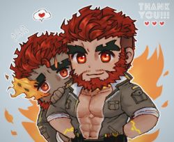 Rule 34 | 2boys, bara, beard, behind another, chibi, dark-skinned male, dark skin, eyebrow cut, facial hair, flaming eye, heart, hephaestus (housamo), hiding, hiding behind another, jacket, looking at viewer, lowres, male focus, mature male, multiple boys, muscular, muscular male, open clothes, open jacket, pectoral cleavage, pectorals, red eyes, short hair, sleeves rolled up, smile, spoken heart, talos (housamo), thick eyebrows, tokyo houkago summoners, tora d, translation request, unzipped, upper body