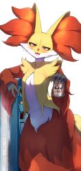 Rule 34 | alcohol, animal ear fluff, animal ears, beer, beer can, blush, can, creatures (company), delphox, drink can, drunk, fangs, flying sweatdrops, fox ears, furry, game freak, gen 3 pokemon, gen 6 pokemon, highres, kashu (hizake), looking at viewer, nintendo, open mouth, pokemon, pokemon (creature), refrigerator, smile, solo, spinda, standing, v