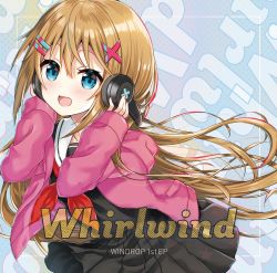 Rule 34 | 1girl, :d, album cover, text background, black serafuku, black shirt, black skirt, blush, brown hair, cardigan, commentary request, cover, hair between eyes, hair ornament, hairclip, hands on headphones, hands up, headphones, highres, long hair, long sleeves, looking at viewer, neckerchief, open cardigan, open clothes, open mouth, original, pink cardigan, pleated skirt, red neckerchief, sailor collar, school uniform, serafuku, shirt, skirt, sleeves past wrists, smile, solo, uchuuneko, very long hair, white sailor collar, x hair ornament