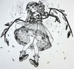 Rule 34 | 1girl, alternate costume, alternate hairstyle, bow, breasts, commentary request, flandre scarlet, full body, gloves, greyscale, hat, highres, knees together feet apart, layered skirt, long hair, looking at viewer, mashimashi, mob cap, monochrome, parted lips, puffy short sleeves, puffy sleeves, ribbon, shoes, short sleeves, skirt, small breasts, socks, solo, touhou, traditional media, twintails