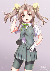 Rule 34 | 10s, 1girl, ahoge, artist name, bike shorts, brown hair, cowboy shot, gloves, gradient background, green ribbon, hair ribbon, hand on own hip, kagerou (kancolle), kantai collection, looking at viewer, neck ribbon, purple background, ribbon, school uniform, short sleeves, shorts, shorts under skirt, shungikuten, simple background, solo, twintails, vest, white gloves, yellow ribbon