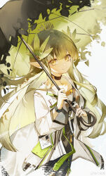 Rule 34 | 1girl, absurdres, arknights, belt, black dress, chinese commentary, closed mouth, coat, collar, commentary request, cowboy shot, dress, green belt, green umbrella, highres, holding, holding umbrella, id card, infection monitor (arknights), lab coat, laurel crown, leaf, leaning forward, light brown hair, long hair, long sleeves, looking at viewer, muelsyse (arknights), pointy ears, rhine lab logo, ripples, sidelocks, simple background, smile, solo, umbrella, white background, white coat, yellow eyes, zeriko