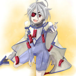 Rule 34 | 1girl, ahoge, arc system works, blazblue, bodysuit, cape, eyepatch, female focus, gradient background, itinose yuki, long hair, nail polish, nu-13, open mouth, pale skin, red eyes, silver hair, sitting, solo