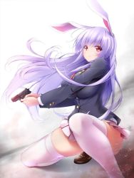 Rule 34 | 1girl, animal ears, bad id, bad twitter id, blazer, blouse, blush, breasts, buttons, extra ears, female focus, gun, handgun, holding, holding gun, holding weapon, jacket, large breasts, long hair, long sleeves, looking at viewer, midoriiro no shinzou, necktie, pink thighhighs, pistol, pleated skirt, purple hair, rabbit ears, red eyes, reisen udongein inaba, shirt, shoes, sig sauer, skirt, solo, squatting, thick thighs, thighhighs, thighs, touhou, weapon, zettai ryouiki