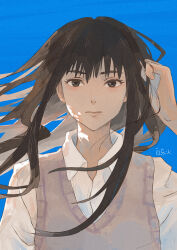 Rule 34 | 1girl, blue sky, brown eyes, brown hair, brown sweater vest, hand in own hair, hand up, highres, long hair, looking at viewer, mizuho (sonny boy), serious, shirt, simple background, sky, solo, sonny boy, sweater vest, upper body, white shirt, zilaihuoye