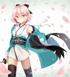 Rule 34 | 1girl, arm at side, bare shoulders, black bow, black scarf, black thighhighs, bow, breasts, closed mouth, commentary request, fate/grand order, fate (series), gradient background, grey background, grey eyes, hair between eyes, hair bow, haori, holding, holding sword, holding weapon, japanese clothes, katana, kimono, koha-ace, kubyou azami, long sleeves, looking at viewer, obi, okita souji (fate), okita souji (koha-ace), petals, pink hair, sash, scarf, unworn scarf, short kimono, sleeveless, sleeveless kimono, small breasts, smile, solo, sword, thighhighs, weapon, white background, white kimono, wide sleeves