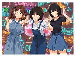 Rule 34 | 3girls, absurdres, amagami, arm behind back, black shirt, blue dress, blue overalls, blue shorts, blunt bangs, blush, breasts, brown background, brown hair, closed eyes, closed mouth, clothing cutout, collarbone, commentary, cowboy shot, dress, embarrassed, friends, grin, hand up, hands up, happy, head tilt, highres, holding, large breasts, leaning forward, medium breasts, medium hair, messy hair, multiple girls, nakata sae, nanasaki ai, neon lights, overalls, parted bangs, parted lips, poop, poop on a stick, raised eyebrows, ranmaru (jackpot 1123), shirt, short hair, shorts, shoulder cutout, side-by-side, sign, skort, smile, sweatdrop, t-shirt, tachibana miya, twintails, v, white shirt