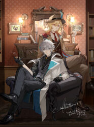 Rule 34 | 2boys, alhaitham (genshin impact), black footwear, black gloves, black pants, black shirt, blonde hair, blue coat, blue eyes, bookshelf, boots, brown gloves, brown pants, brown shirt, brown suit, center frills, chair, character name, closed mouth, coat, collared shirt, crossed legs, formal, frilled shirt, frills, full body, genshin impact, gloves, grey hair, hair between eyes, highres, holding, holding smoking pipe, indoors, kaveh (genshin impact), lizi (st3648), long sleeves, looking at viewer, male focus, mirror, multiple boys, necktie, open clothes, open coat, pants, picture frame, red eyes, red necktie, rug, shirt, short hair, sidelocks, sitting, smile, smoke trail, smoking pipe, striped clothes, striped pants, suit, table, two-sided coat, two-sided fabric, victorian, wall lamp, wallpaper (object), white coat, white shirt, wooden table