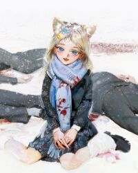 Rule 34 | 1girl, 3others, animal ears, black footwear, black jacket, black skirt, blonde hair, blood, blood on clothes, blood on ground, blue eyes, blue scarf, cat ears, corpse, death, extra ears, full body, hair ornament, hairclip, highres, jacket, leg warmers, long hair, long sleeves, looking at viewer, multiple others, on ground, open mouth, original, outdoors, own hands together, pleated skirt, pussy willow (sweetonedollar), scarf, shoes, sitting, skirt, snow, snow on head, solo focus, sweetonedollar, wariza, white leg warmers