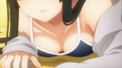 Rule 34 | 1girl, beach, black hair, breast focus, breasts, cleavage, close-up, closed mouth, downblouse, head out of frame, long hair, lying, madara-san, on stomach, one-piece swimsuit, outdoors, sand, screencap, small breasts, solo, swimsuit, tejina senpai (series)