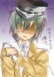 Rule 34 | 1boy, angel beats!, black hat, commentary request, from below, green hair, hat, highres, jacket, key (company), long sleeves, looking down, male focus, naoi ayato, no eyes, open mouth, popped collar, ribbon, school uniform, shirt, short hair, simple background, solo, sweatdrop, translation request, uniform, upper body, white shirt, zuzuhashi