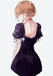 Rule 34 | 1girl, absurdres, backless dress, backless outfit, blonde hair, cropped legs, dress, faceless, faceless female, from behind, heart, highres, nape, po (anhk5528), puffy short sleeves, puffy sleeves, short sleeves, simple background, solo, touhou, upper body, white background, yakumo yukari