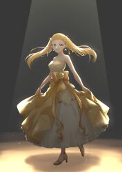 Rule 34 | 1girl, aged up, bare shoulders, blonde hair, bow, commentary, dark background, dress, earrings, eyelashes, hair ornament, happy, high heels, highres, jewelry, kasugano urara (yes! precure 5), lemone cure, long hair, looking at viewer, necklace, precure, signature, simple background, smile, solo, spotlight, standing, symbol-only commentary, twintails, yellow bow, yellow dress, yellow eyes, yes! precure 5, yes! precure 5 gogo!